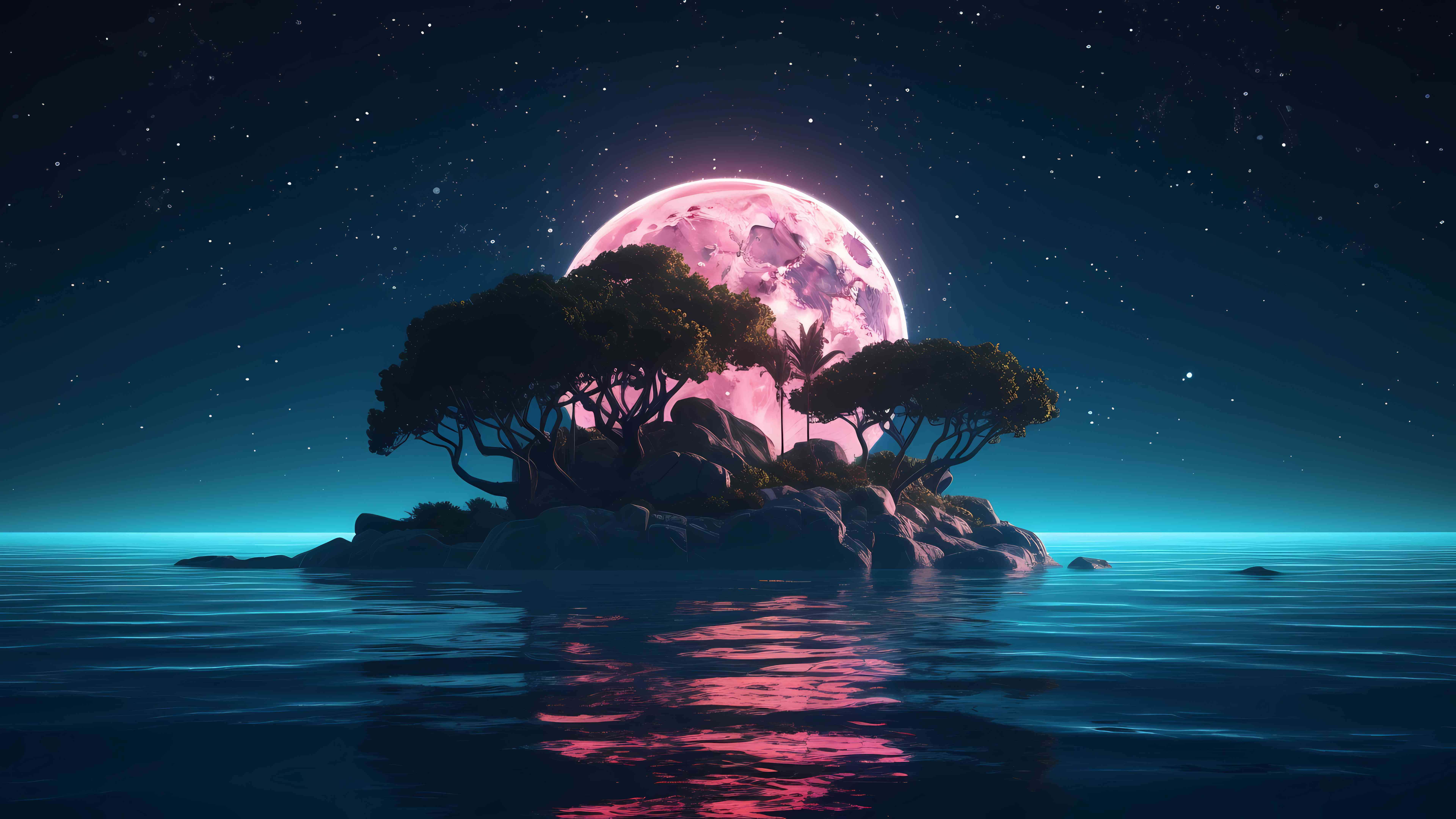 Fantasy Island Wallpaper 4K - Pink Moon Ocean Night | MirrorLog